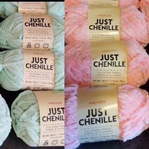 (6) 3 Mint + 3 Pink SKEINS PREMIER YARN JUST CHENILLE CHUNKY YARN BUNDLE